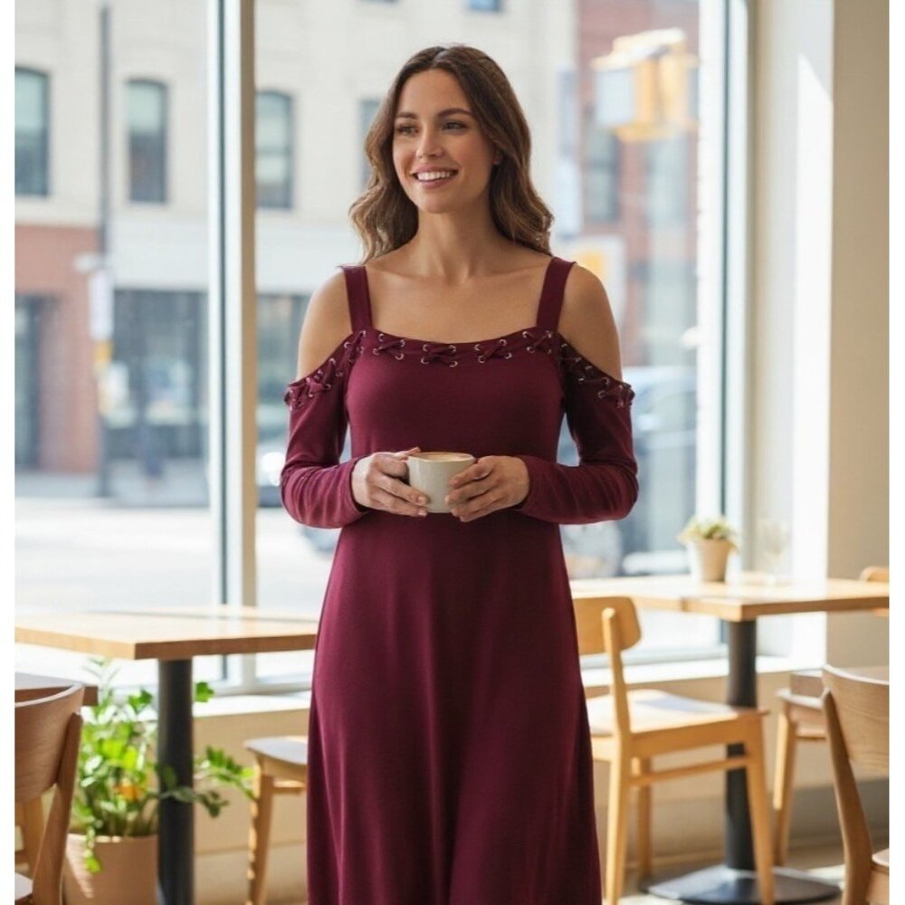 Spense Wine Cold Shoulder Swing Dress Size S Evening‎ Wedding Holiday Party